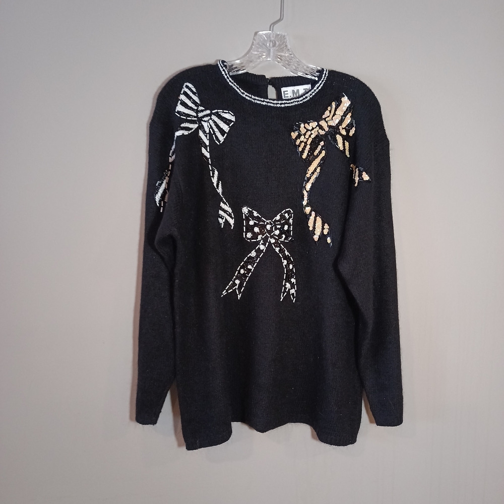 Emt Beaded Sequin Bow Tunic Sweater Silk/Angora Blend Black Size M Vintage